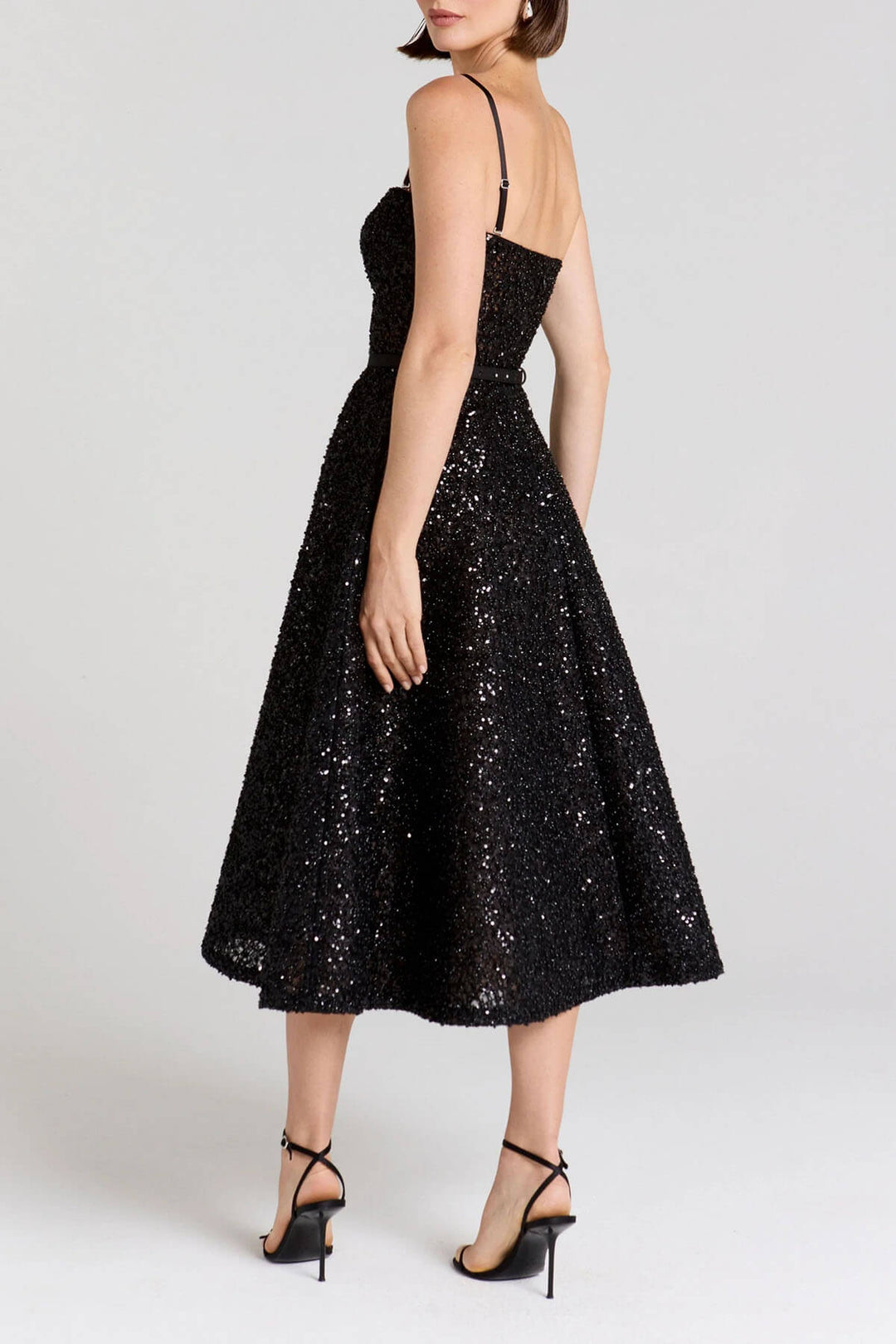 Exquisite Sequined Off-Shoulder Pleated Black A-Line Midi Dress