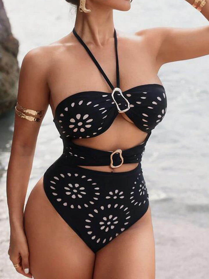 Sexy Hollow Halter Neck Drawstring Swimsuit