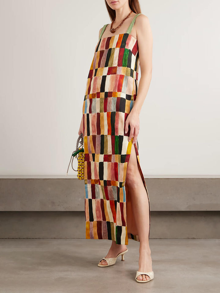 Unique Geometric Print Linen Backless Midi Dress
