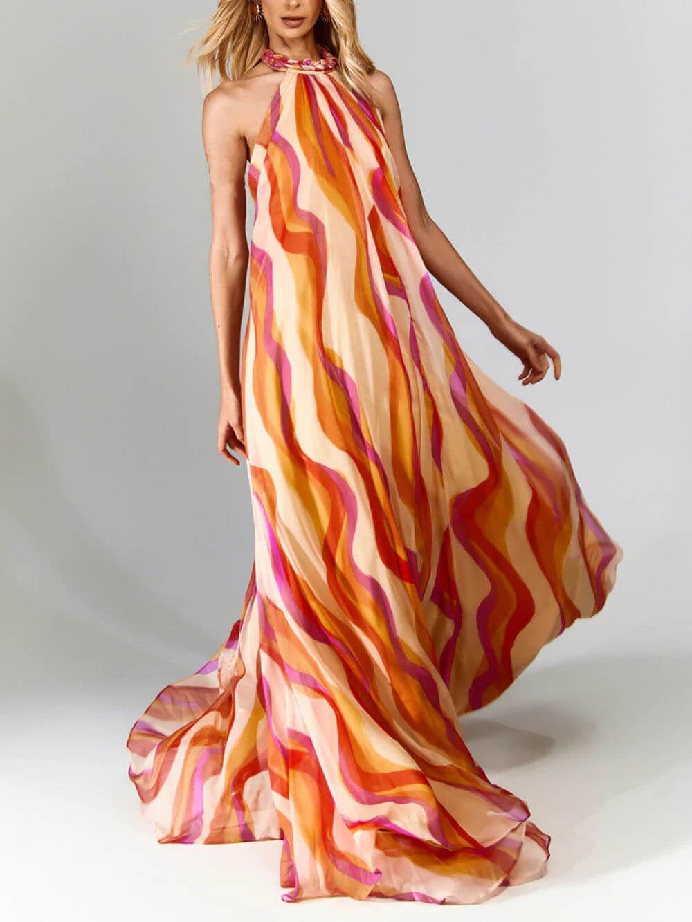 Elegant Braided Halterneck Wave Print Maxi Dress