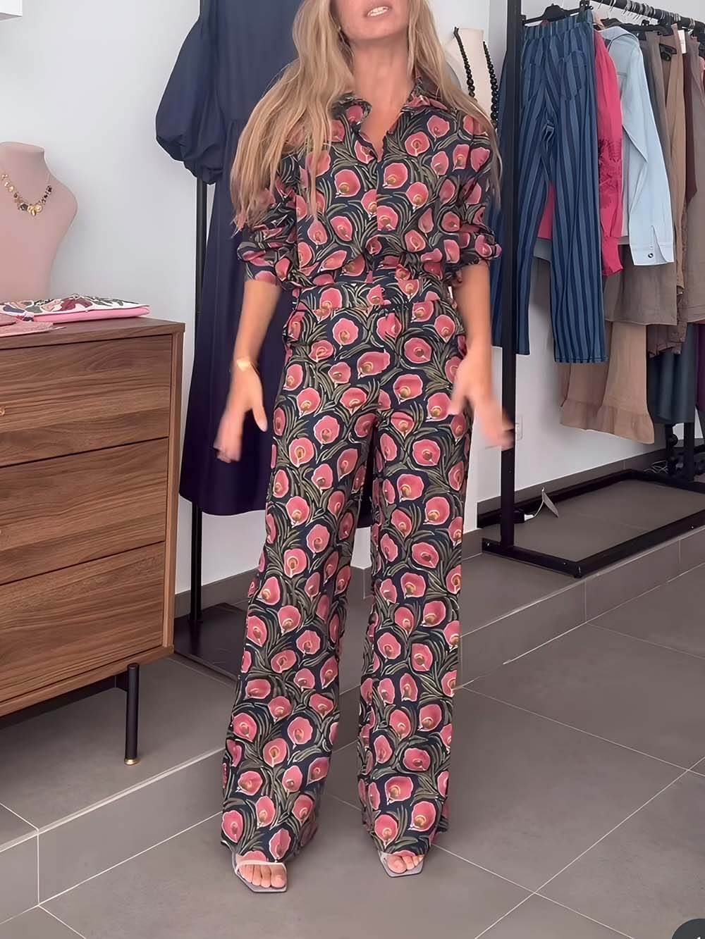 Bohemian Floral Print Loose Button-Up Shirt