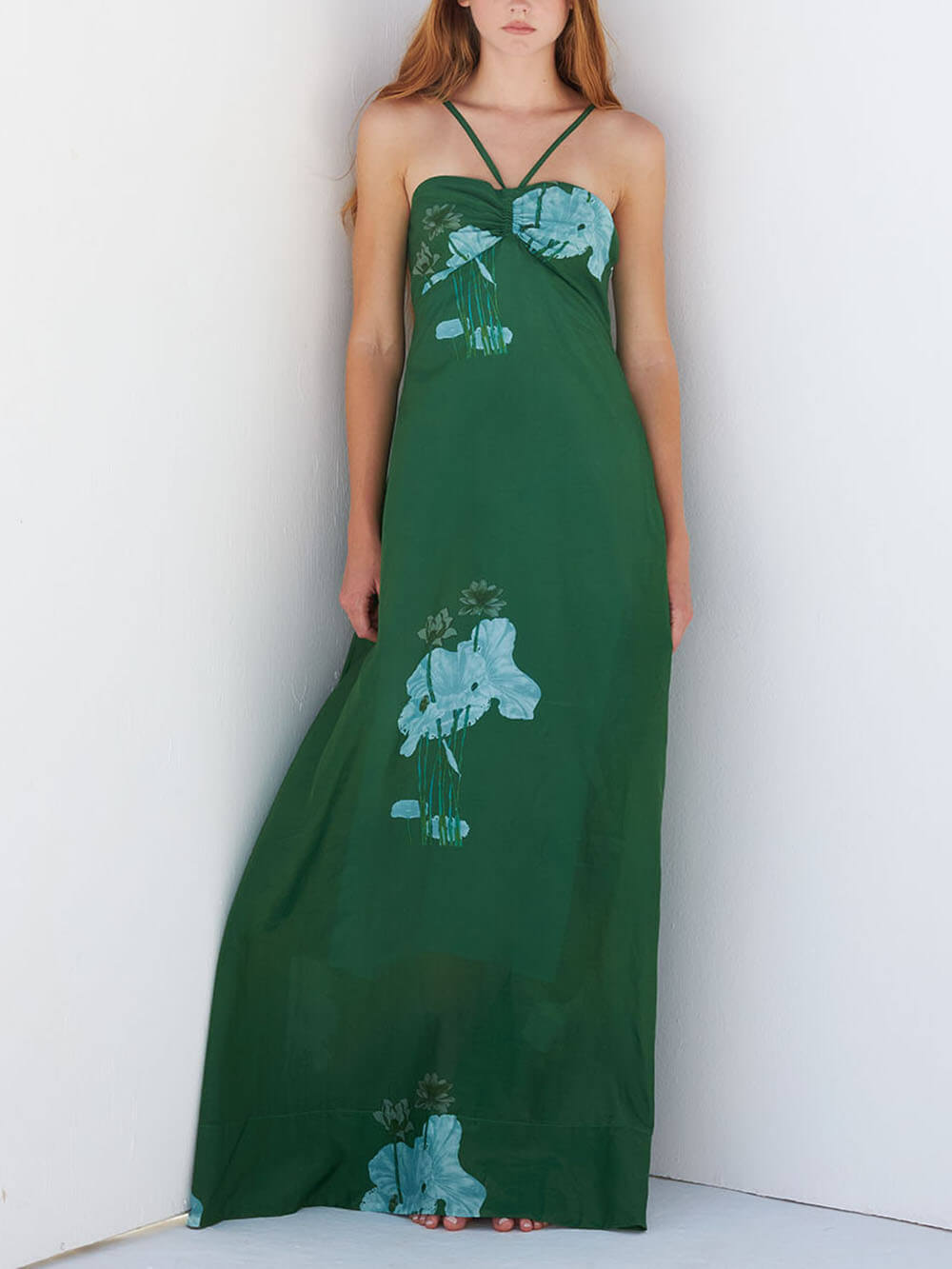 Elegant Ruched Printed Spaghetti Strap Maxi Dress