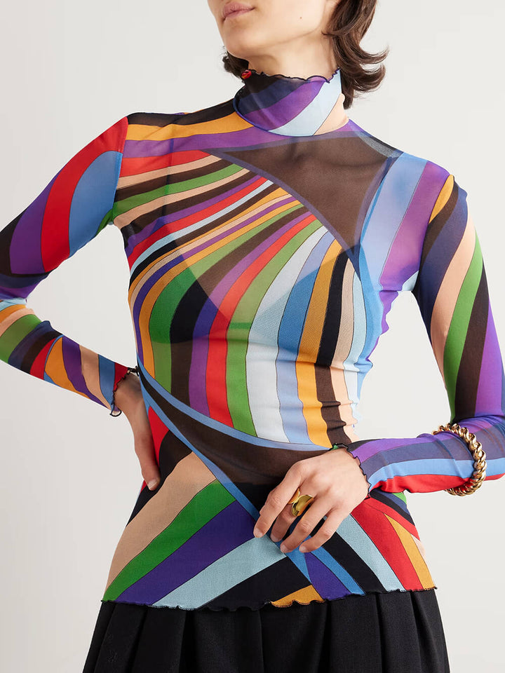 Retro Print Stretch Sheer Mesh Turtleneck Top
