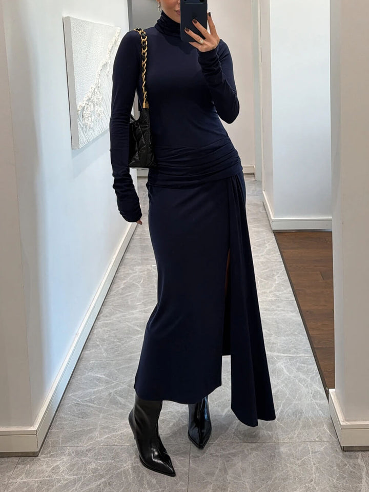 Elegant Navy Ruched Waist Slit Maxi Dress