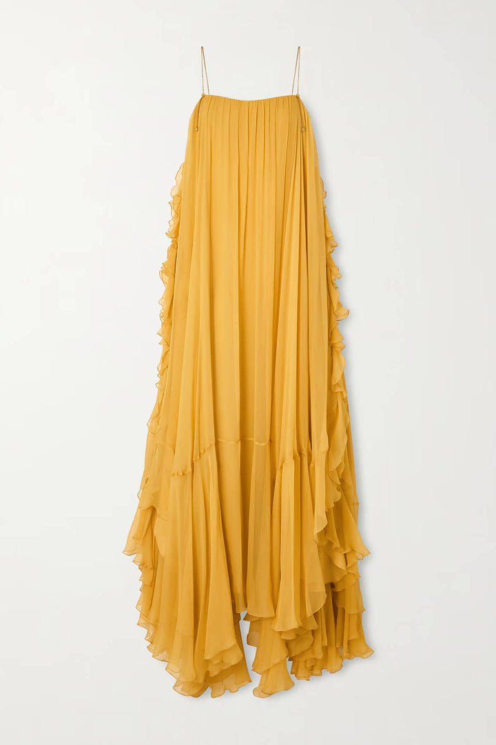 Exquisite Asymmetrical Ruffle-Trimmed Maxi Dress