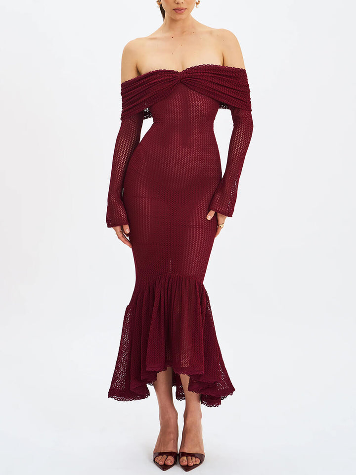 Exquisite Burgundy Off Shoulder Long Sleeve Crochet Mermaid Maxi Dress