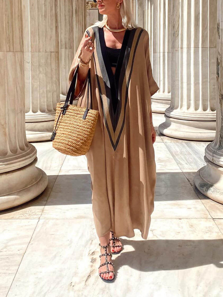 Enjoy The Holiday Style With A Unique V-Neck Triangle Print Loose Maxi Dress