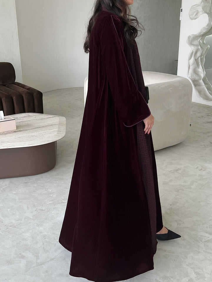 Elegant Burgundy Printed Velvet Robe Cardigan
