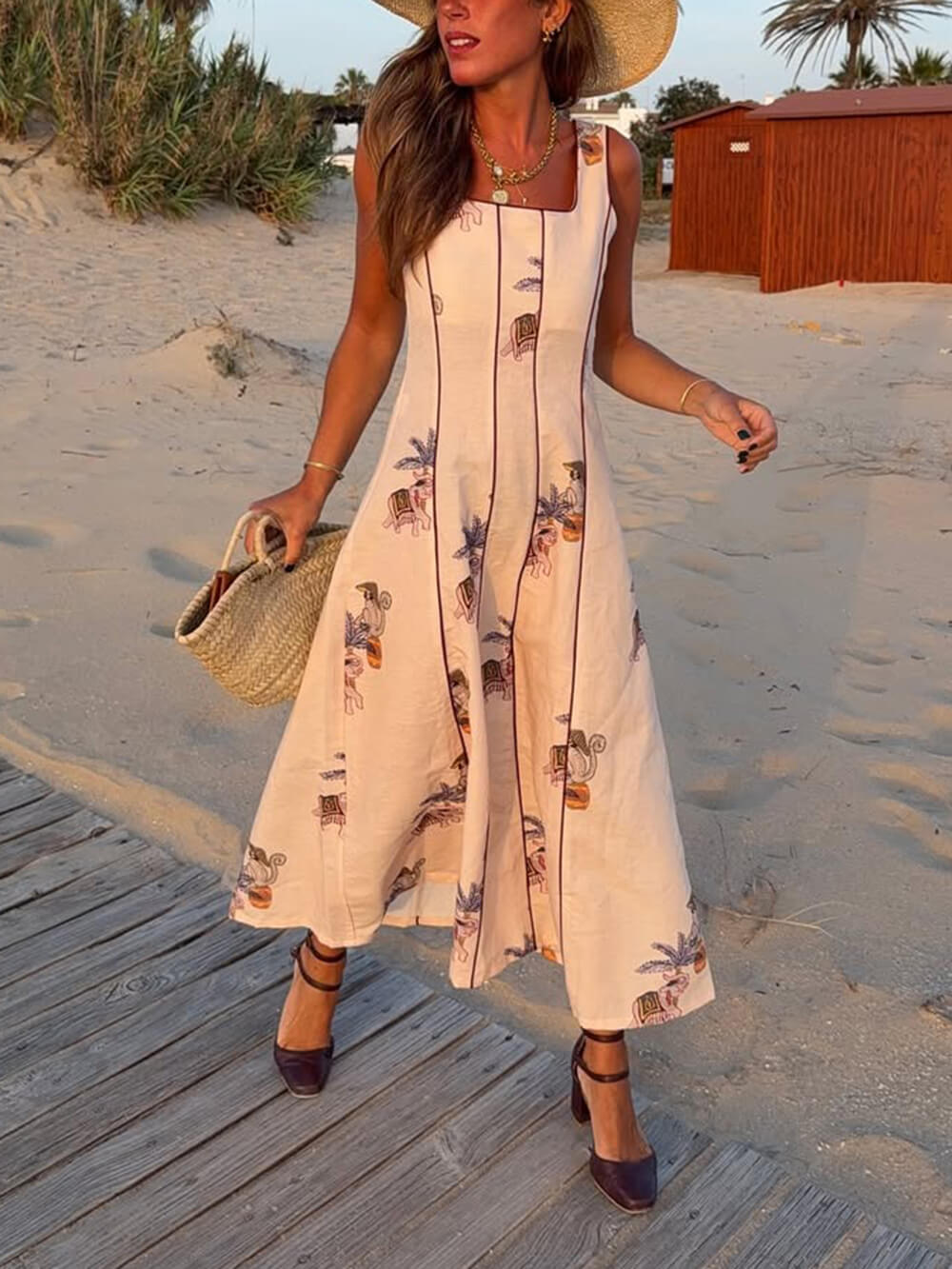 Elegant Patchwork Print Square Neck A-Line Midi Dress