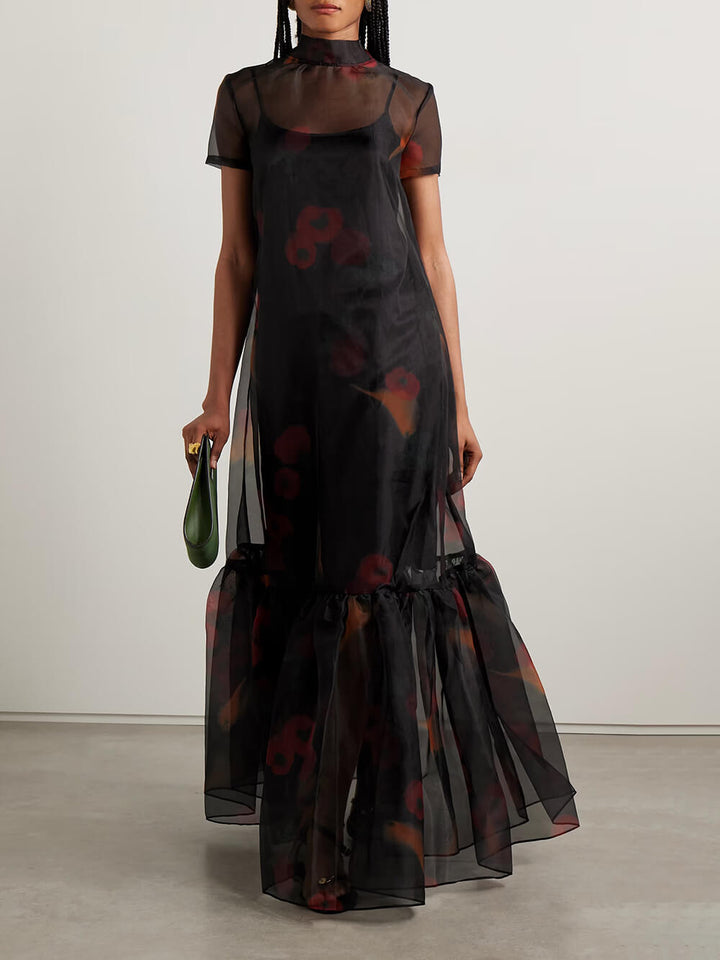 Casual Tie-Neck Multi-Layer Printed Maxi Dress