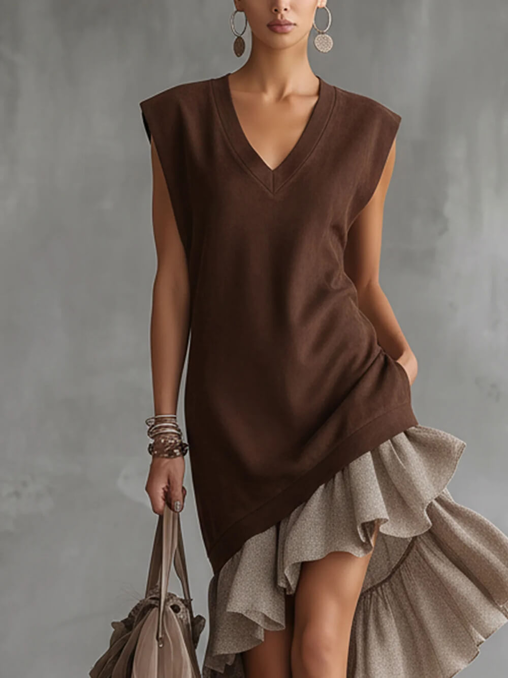 Elegant Asymmetrical Ruffled Hem Sleeveless Midi Dress