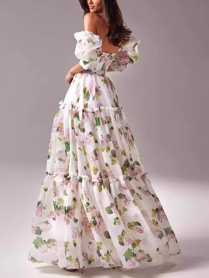 Elegant And Fashionable Off-Shoulder Printed Organza Evening Gown Maxi Dress