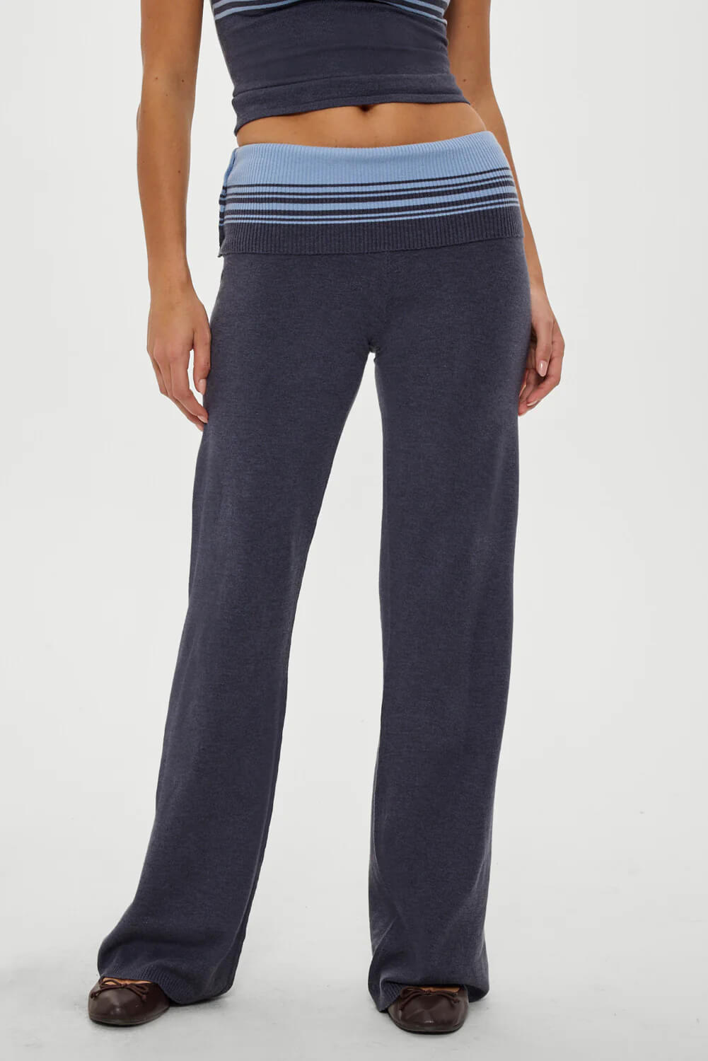 Retro Striped Button-Up Knit Shirt And Low-Rise Knit Pants Set