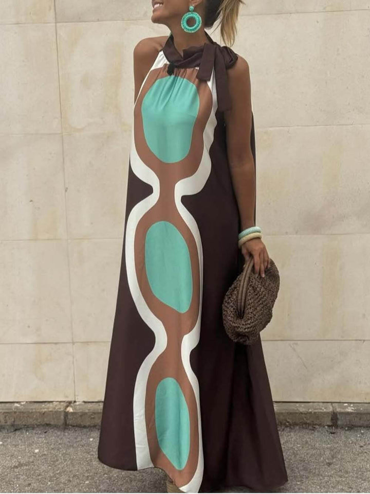 Unique Print Sleeveless Halter Neck Loose Holiday Maxi Dress