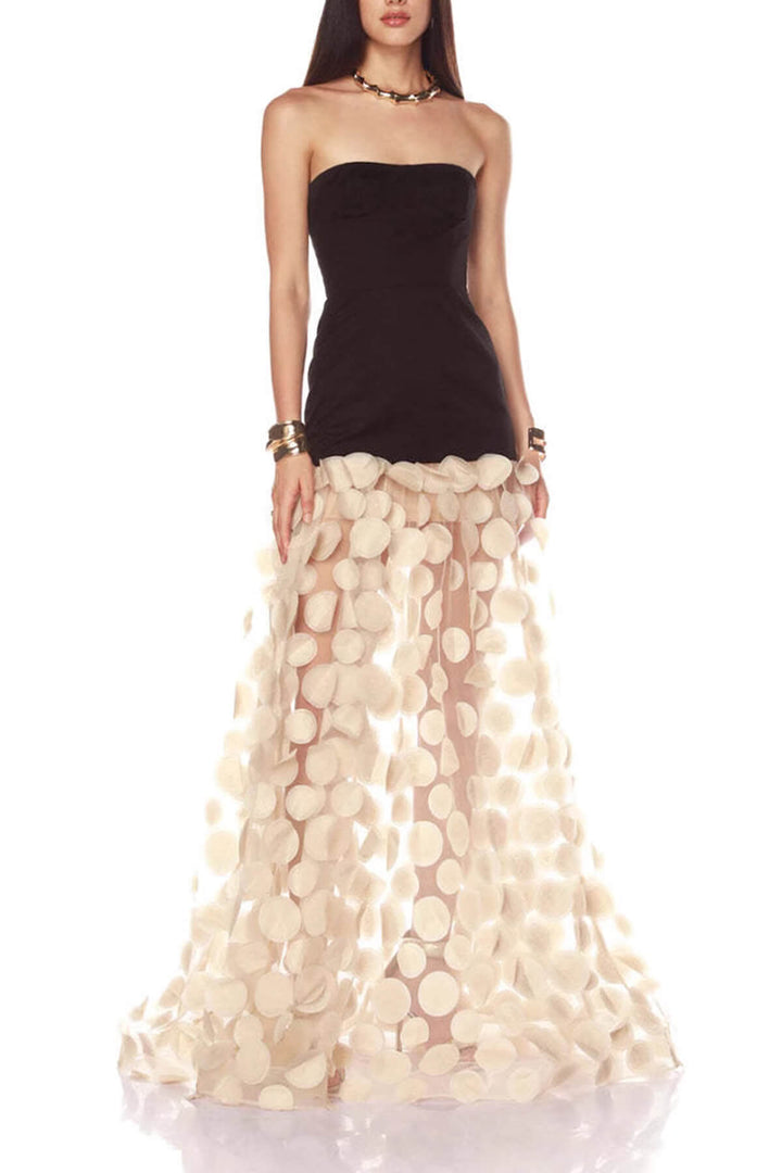 Elegant Strapless Top with Patchwork Polka Dot Mesh Maxi Dress