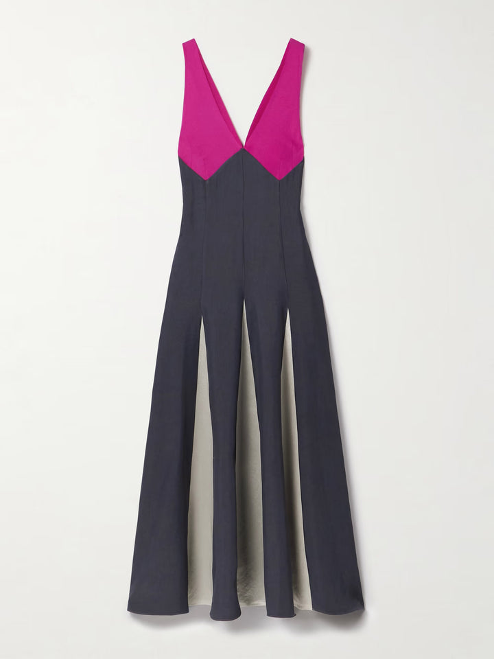 Elegant Patchwork Contrast Color V-neck Maxi Dress