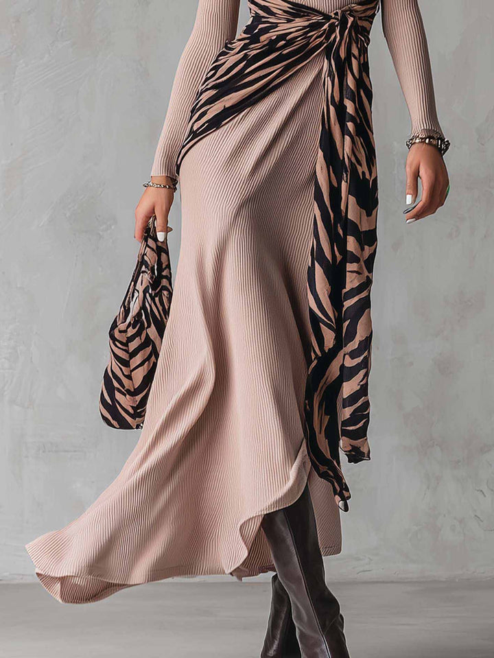 Casual High-Neck Geometric Patchwork Knit Maxi Dress