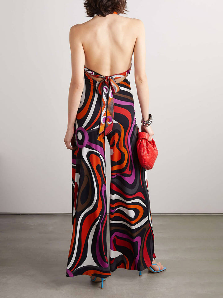 Retro Print Satin Trim Halterneck Jumpsuit