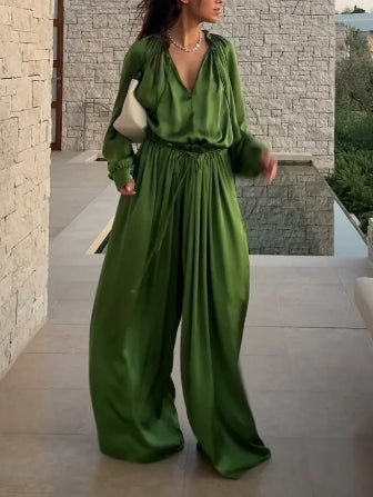 Elegant Satin Drawstring Wide-leg Pants