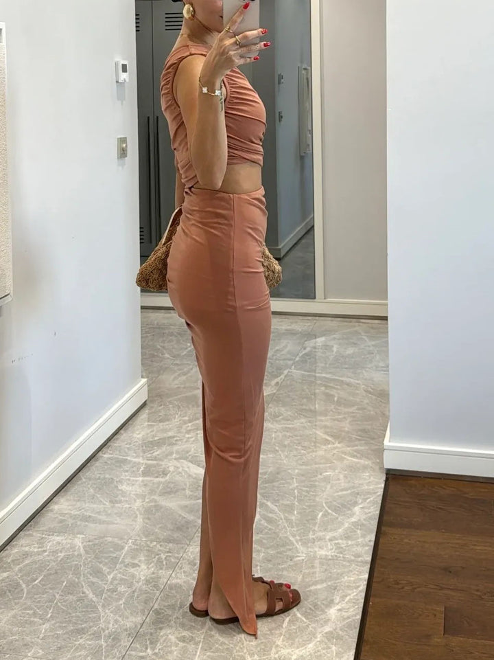 Sexy Asymmetrical Cut Draped High Slit Maxi Dress