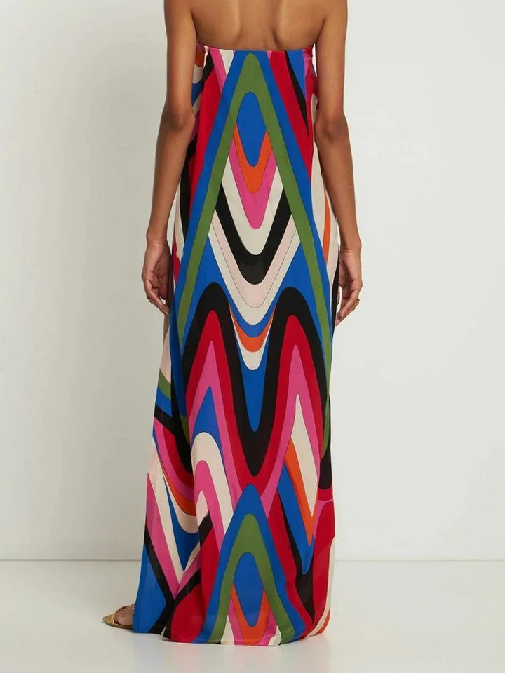 Retro Off-the-shoulder Irregular Printed Side Slit Jumpsuit