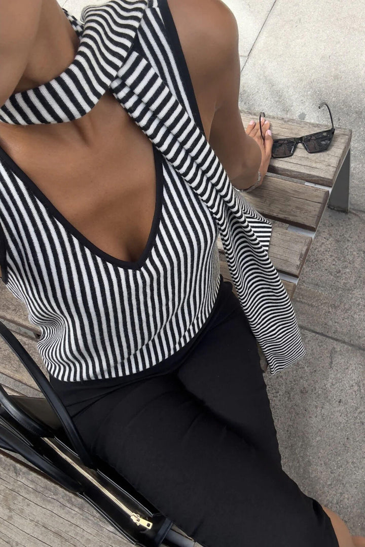 Casual Striped Print V-Neck Backless Cami Top