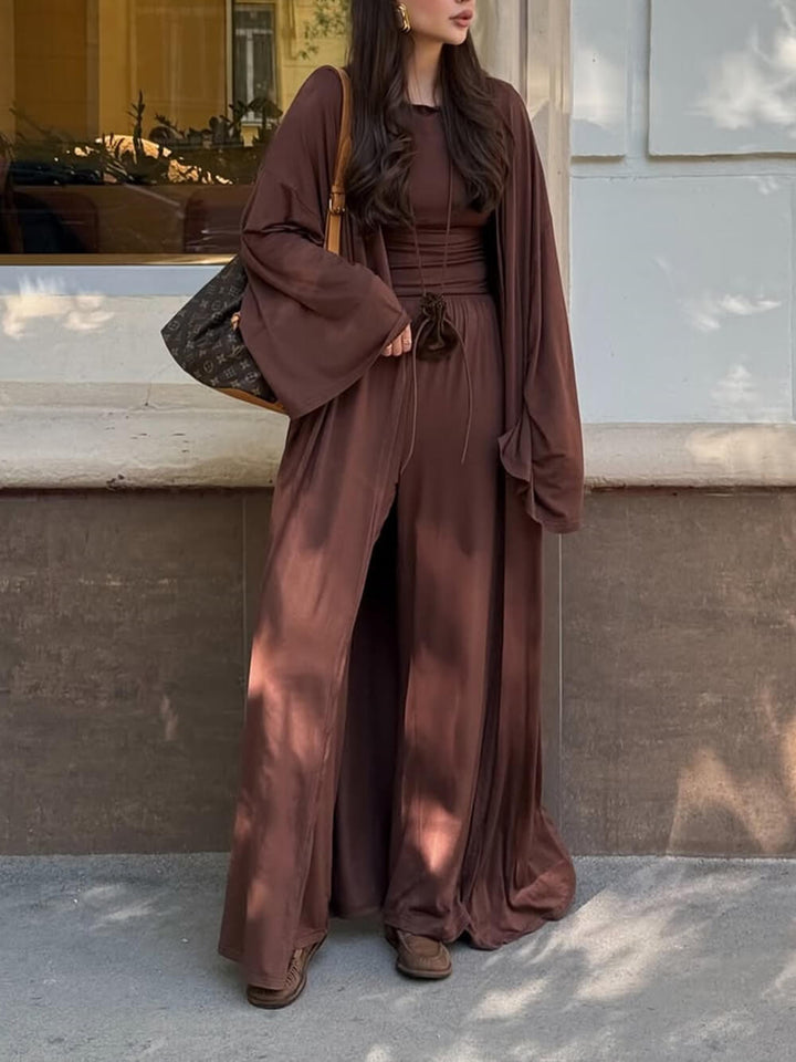 Casual Long Cardigan Long-Sleeved T-Shirt and High-Waisted Pants Three-Piece Set