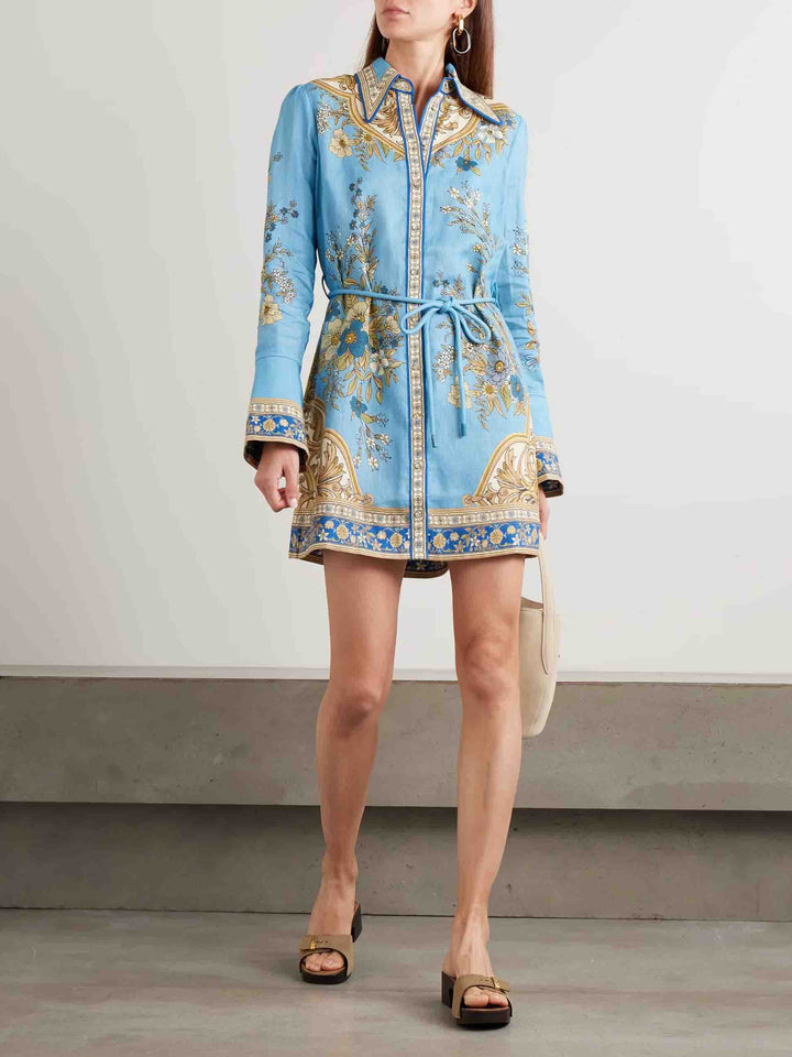 Exquisite Print Long-Sleeve Shirt Mini Dress
