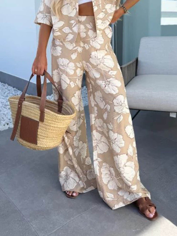 Modern Casual Satin Floral Print High Waist Pocket Wide Leg Pants