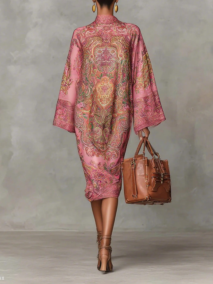 Retro Paisley Print Round Neck Flared Sleeve Midi Dress