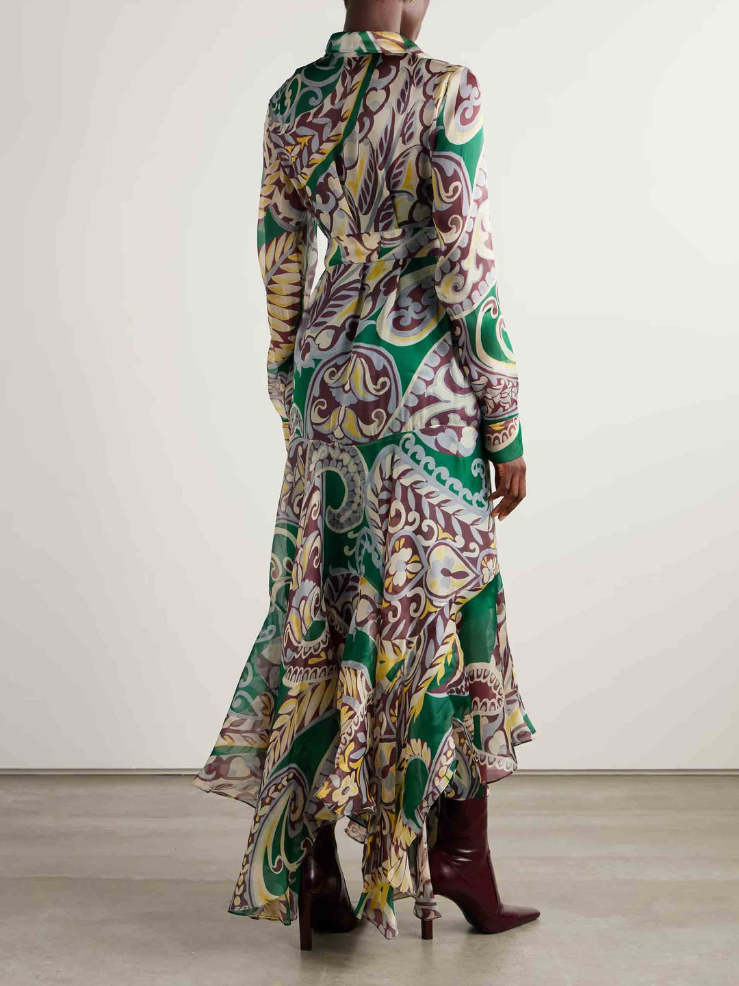 Unique Belted Asymmetrical Paisley Print Maxi Dress