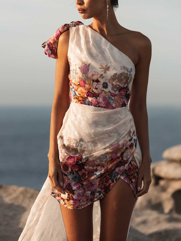 Elegant One-shoulder Bow Sleeve Floral Print Draped Top