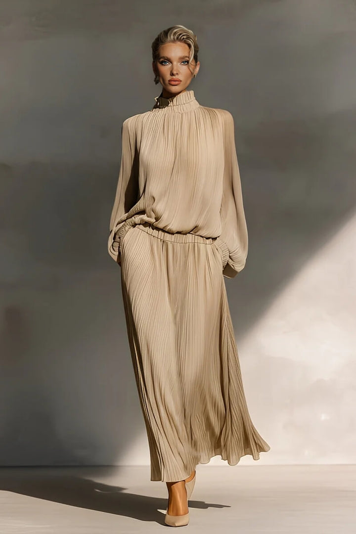 Modern Casual Chiffon Ruffle Top and Pleated Elastic-Waist Skirt Set