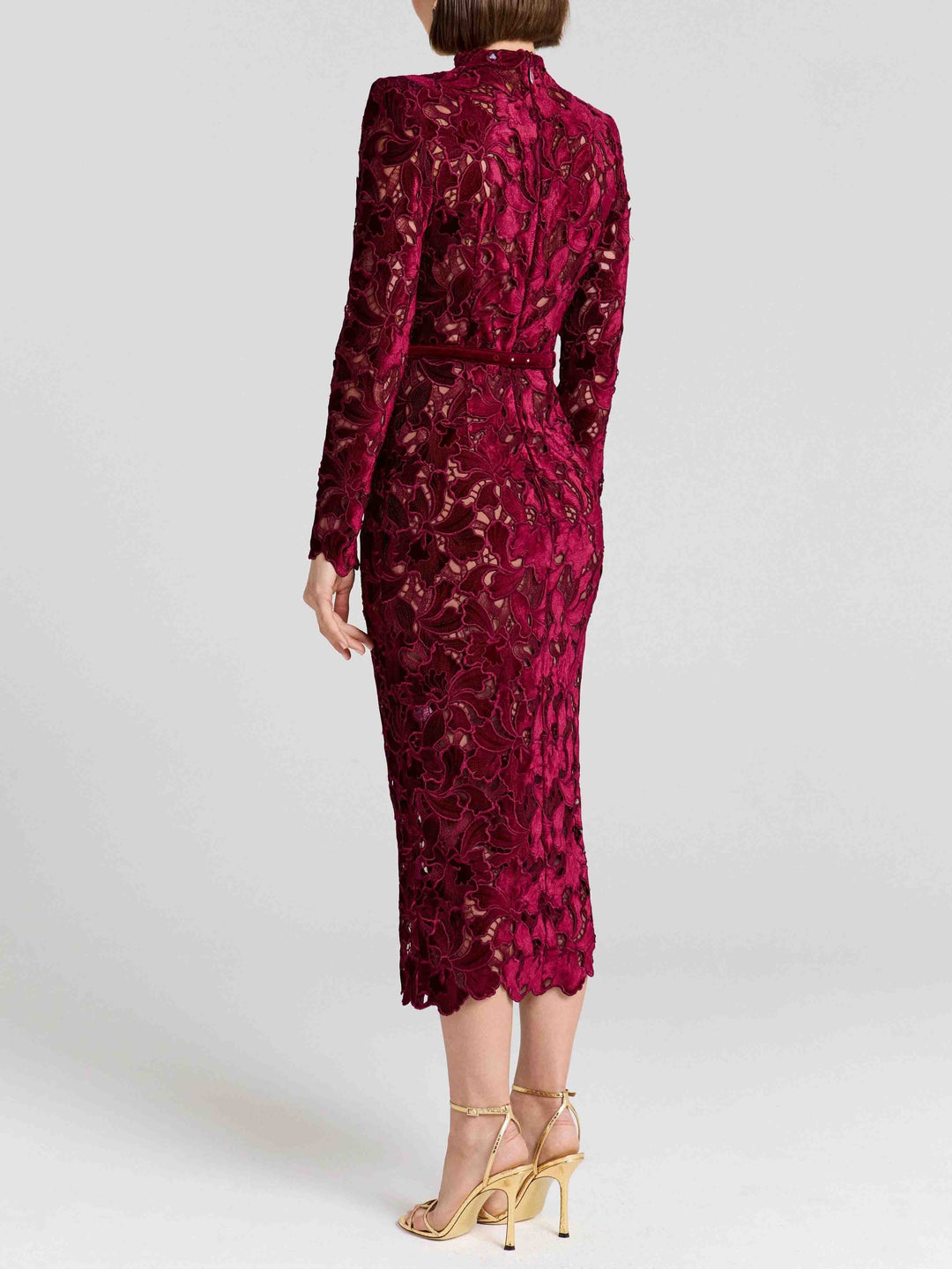 Elegant Embroidered Lace High-Neck Midi Dress