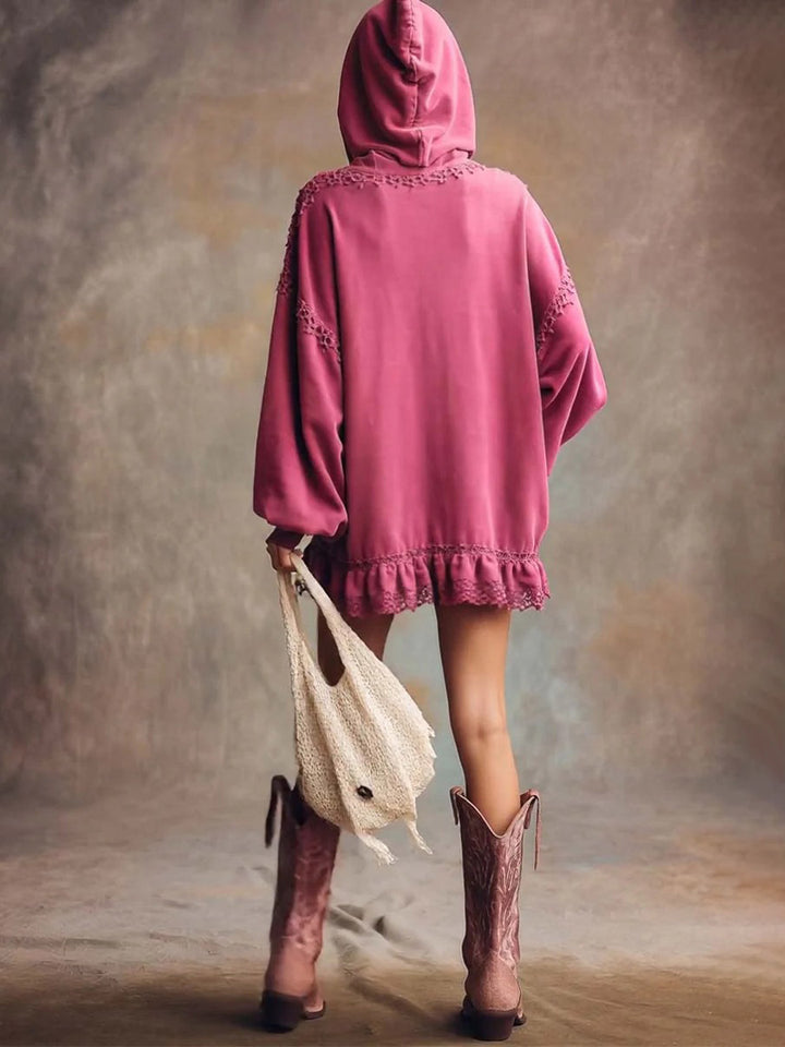 Elegant Lace-trimmed Ruffled Hem Hooded Mini Dress