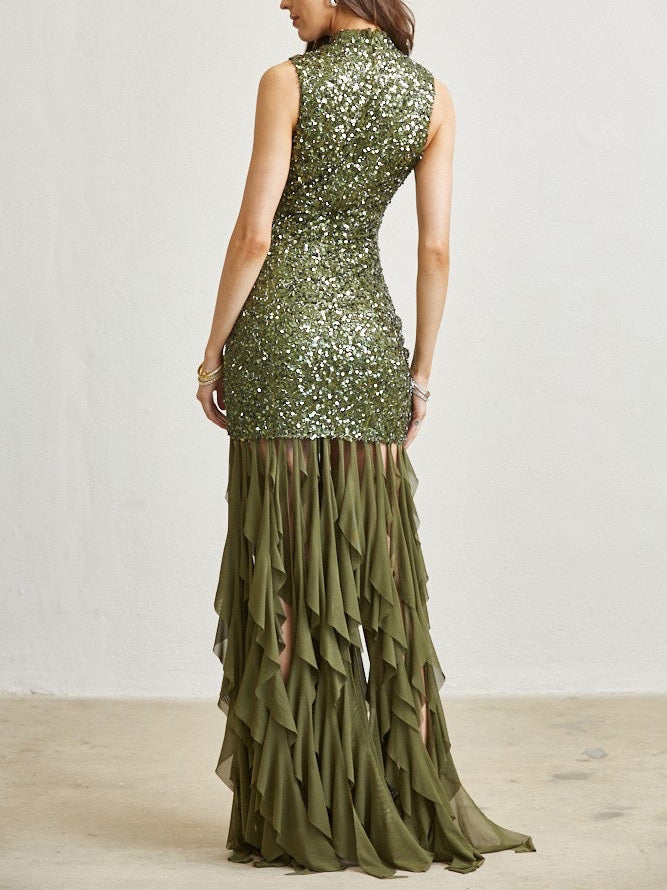 Elegant Sequined Backless High-neck Maxi Dress