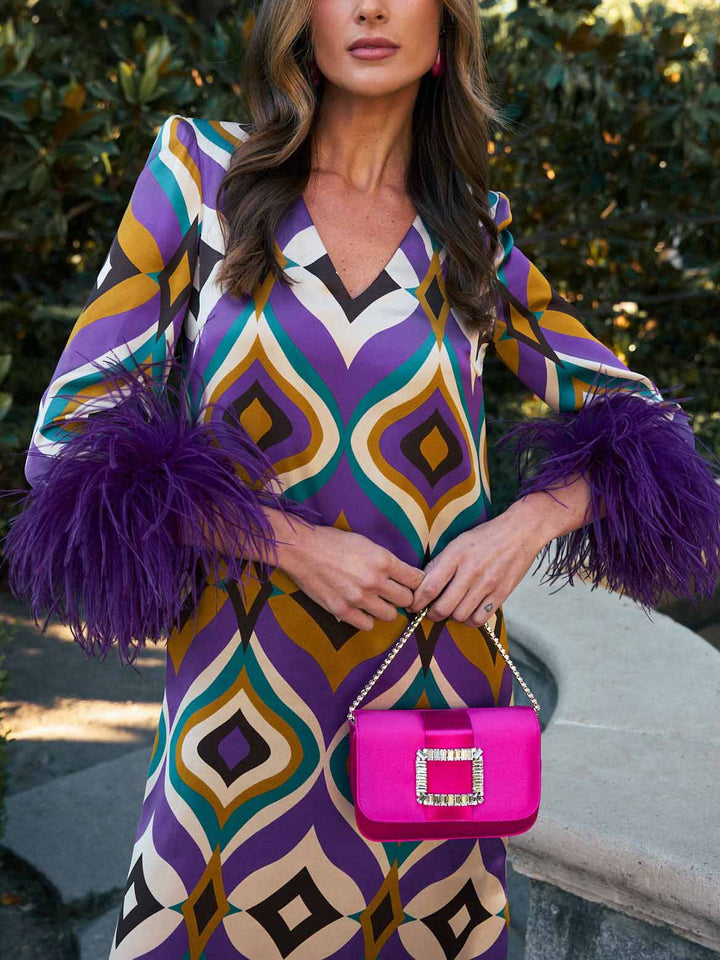 Elegant Geometric Print Feather Cuff Satin Maxi Dress