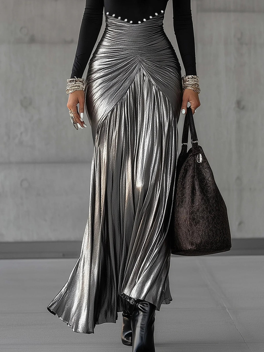 Elegant Round Neck Metallic Silver Pleated Maxi Dress