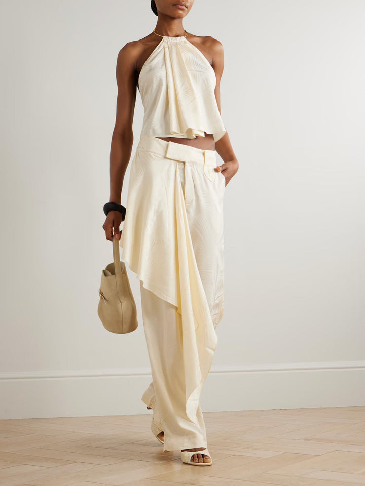 Elegant Backless Cropped Top & Draped Wide-Leg Pants Set