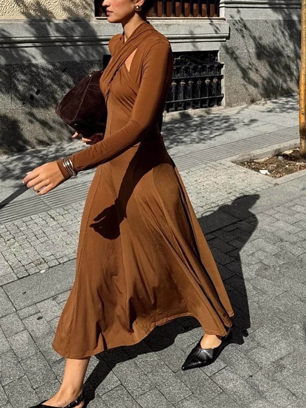 Fashionable Cut-Out Fitted Solid Long-Sleeve Maxi Dress