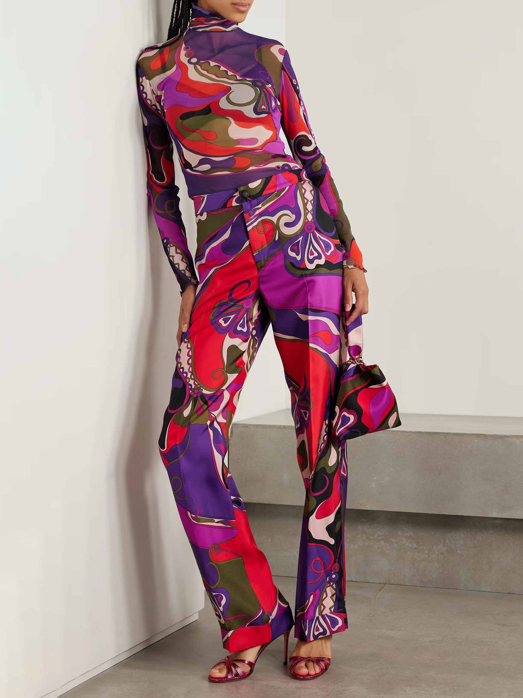 Unique Retro Abstract Print Satin Wide-Leg Pants