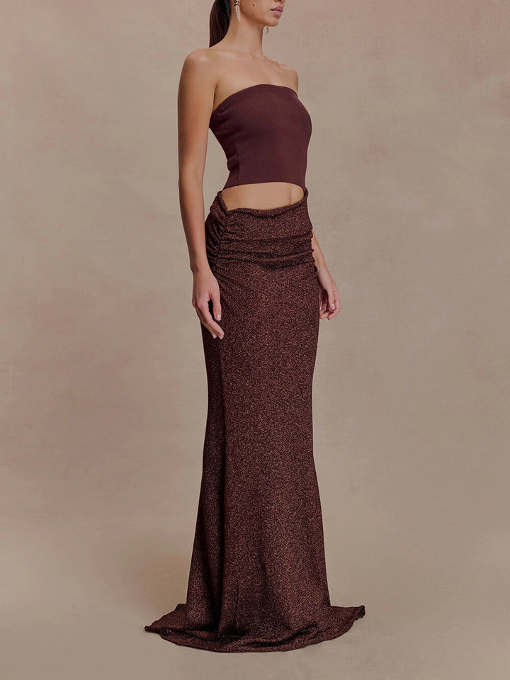 Elegant Strapless Off-Shoulder Hollow-Out Knit Maxi Dress