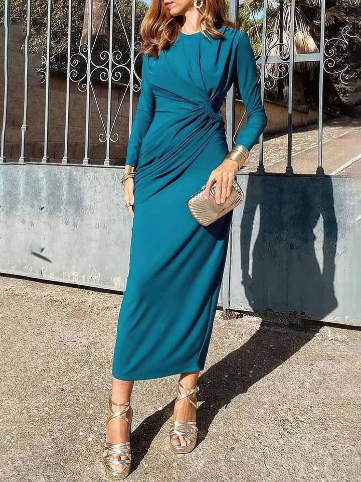 Elegant Crew Neck Pleated Wrap Hem Maxi Dress