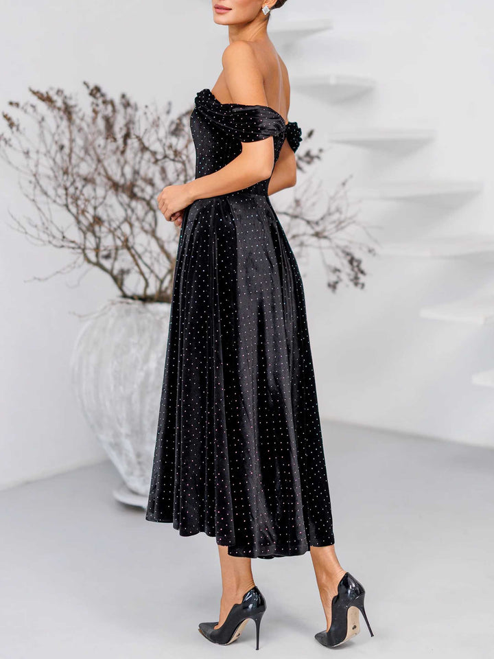 Elegant Off-Shoulder Velvet Rhinestone Midi Dress
