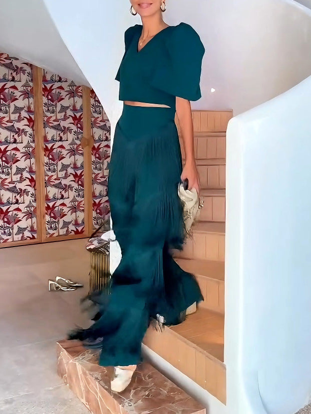 Elegant High-Waist Layered Fringe Wide-Leg Pants