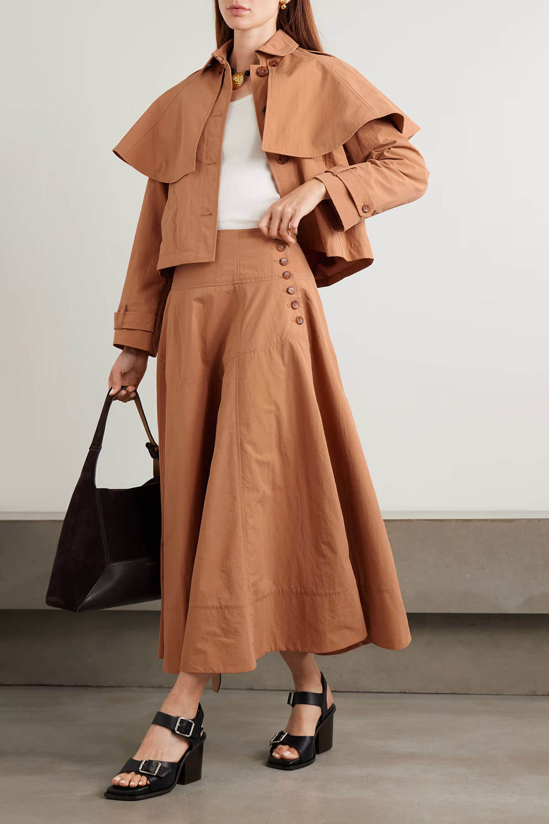 Delicate Button-Detail Ruched Shell-Texture Midi Skirt