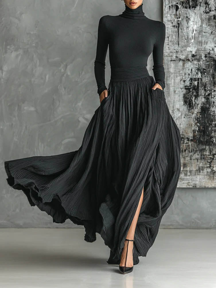 Elegant High Waist Pleated Slit Maxi Skirt