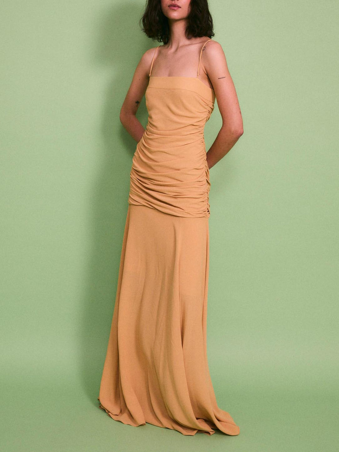 Elegant Ruched Spaghetti Strap Maxi Dress