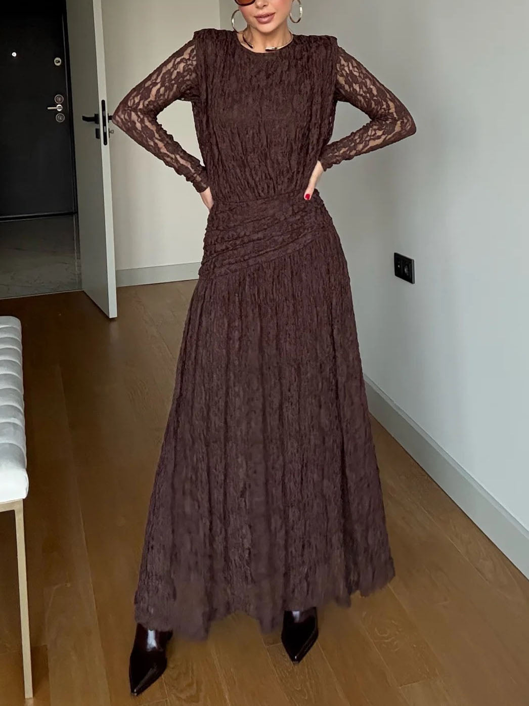 Elegant Long-Sleeve Lace-Textured Maxi Dress