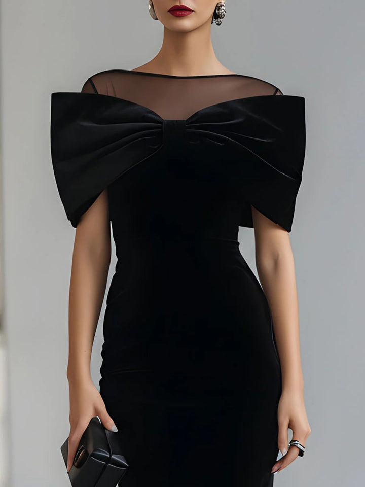 Elegant Bow-Detail Sheer Neckline Midi Dress